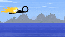 a scissor is flying over a body of water with a mountain in the background