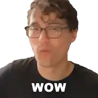 a man with glasses and a black shirt has the word wow on his face