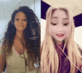 a woman with curly hair is singing into a microphone next to a woman with blonde hair