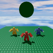 three lego figures are standing on a green grid