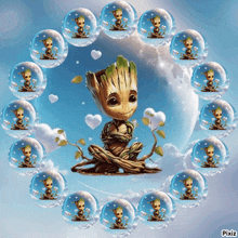 a picture of groot surrounded by bubbles with pixiz written on the bottom