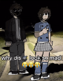 a drawing of a boy and a girl with the words " why dis look so mad " below them