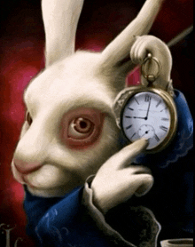 a white rabbit holding a pocket watch with roman numerals on it