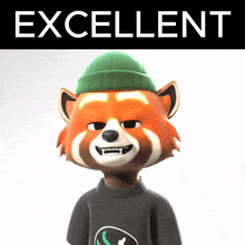 a cartoon red panda wearing a green beanie and a t-shirt that says excellent on it