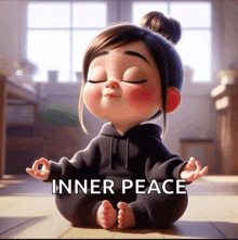a little girl sits in a lotus position with the words " inner peace " below her