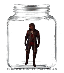 a man in a pirate outfit is inside of a mason jar with the name constantin d' orsay written on the bottom