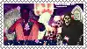 a pixel art of a man and a woman standing next to each other on a purple background .