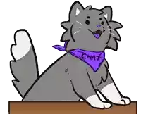 a cat wearing a purple scarf that says chat