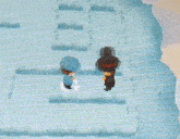 a person in a top hat is standing next to another person in a blue shirt
