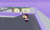 a cartoon character is standing in a purple room