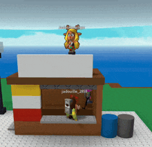 a cartoon character named judy is standing on top of a wooden building