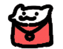 a cartoon drawing of a cat with a smiley face and a red purse .