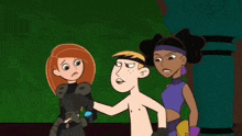 a group of cartoon characters are standing next to each other and one of them is a shirtless man .