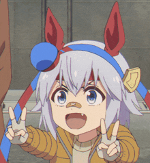 a cartoon character with white hair and red and blue ears giving the peace sign