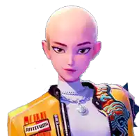 a cartoon character with a shaved head and a yellow jacket with a patch that says ' r ' on it