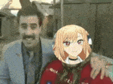 a man with a mustache is hugging a girl with a picture of a girl in the middle
