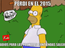 a cartoon of homer simpson standing in the grass with a troll face behind him that says " perdi en el 2015 "