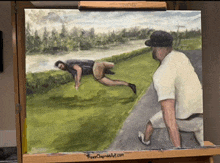 a painting of a man laying on the ground and a man sitting on the ground