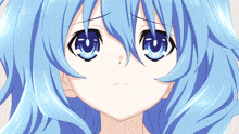 a close up of a blue haired anime girl with blue eyes