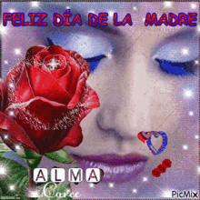 a picture of a woman with a red rose and the words feliz dia de la madre