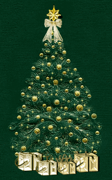 a green christmas tree with gold decorations and gifts underneath it
