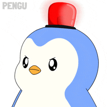 a penguin with a red light on its head and the word pengu on the bottom right