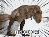 a picture of a t-rex taking a poop in a toilet with russian writing on it