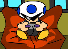 a cartoon toad is playing a video game on a bean bag chair