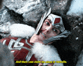 a woman in a helmet laying on the ground with the words and then i can claim my place in valhalla below her