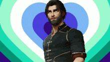 a man with a beard is standing in front of a blue heart
