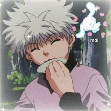a picture of a boy with white hair and the name mai