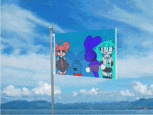 a flag with a picture of a bunch of anime characters on it