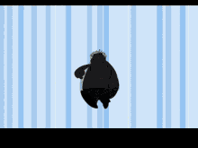 a cartoon character is standing in front of a blue and white stripped wall