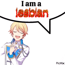 a boy with a speech bubble saying i am a lesbian