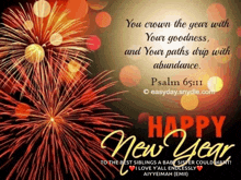 a happy new year greeting card with fireworks and a bible verse
