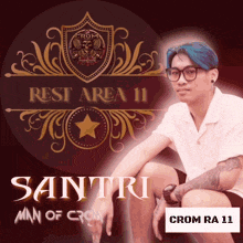 a man with blue hair and glasses sits in front of a rest area 11 logo