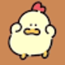 a pixel art drawing of a chicken with a pink bow on its head .