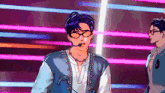 a man with glasses and a dolphin on his jacket is standing in front of a microphone