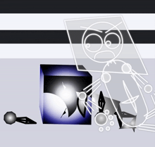 a drawing of a cartoon character with an angry face standing next to a box