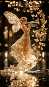 a fairy is playing a trumpet with butterflies flying around her