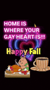 a happy fall poster with a pig cutting a turkey