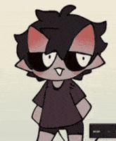 a cartoon character with black hair and red eyes is standing with his hands on his hips