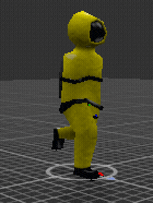 a computer generated image of a person in a yellow suit with a hood
