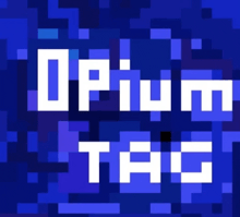 a blue background with the words opium tag written in white letters
