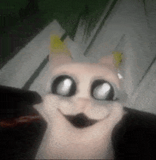 a close up of a cat 's face with big eyes and a smile