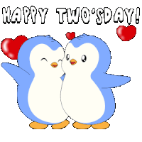 a happy two 's day greeting card with two penguins and hearts