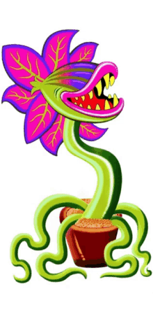 a cartoon drawing of a carnivorous plant with purple leaves