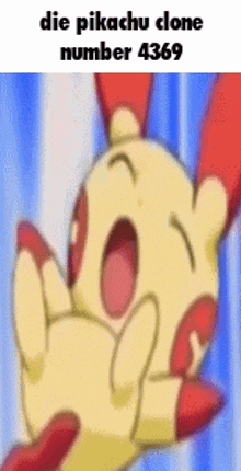 a cartoon of a pikachu clone with its mouth open .