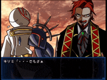 a man with red hair and a beard is talking to another man