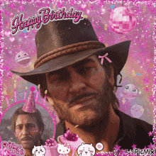 a picture of a man wearing a cowboy hat with the words happy birthday written on the bottom